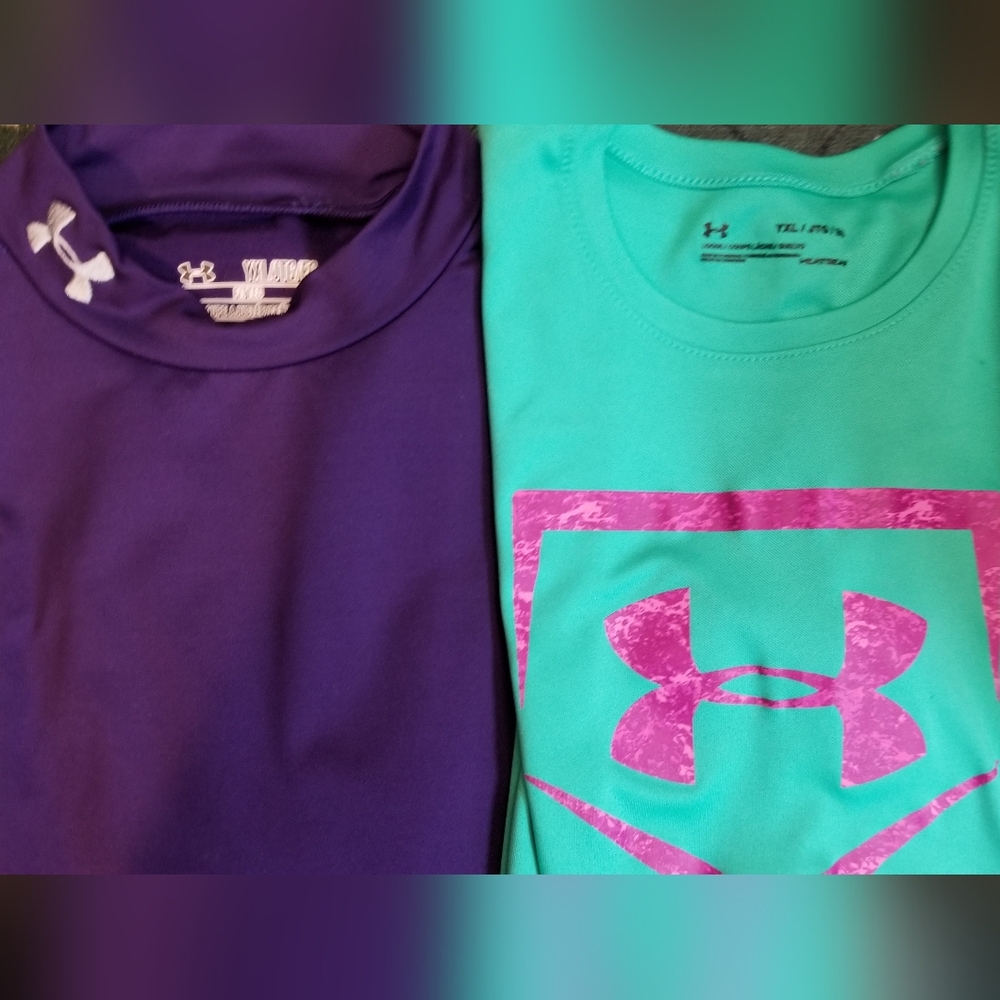 Under Armour Kids' Purple Coldgear Fitted Top and Green Heatgear T-Shirt YXL